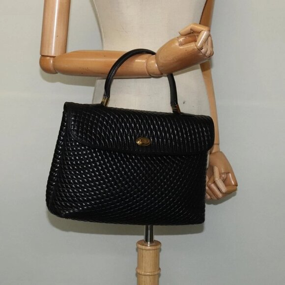 BALLY Quilted Hand Bag Leather Black Gold Auth - Picture 1 of 16